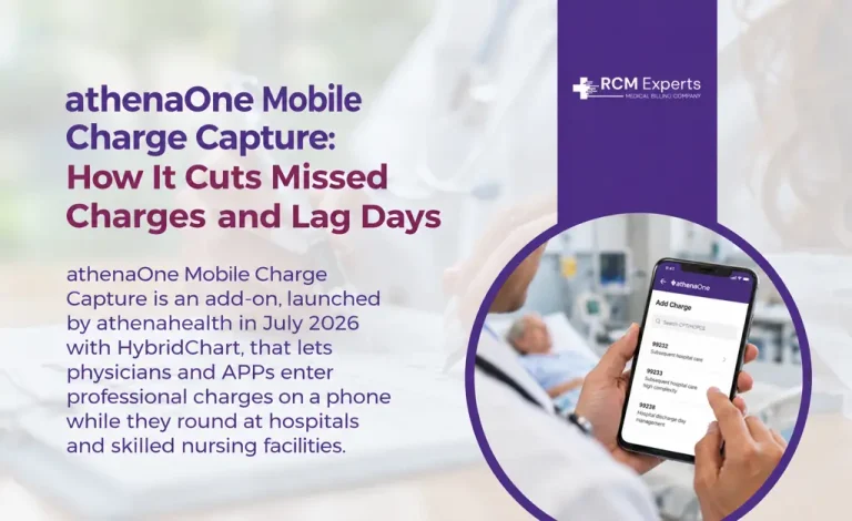 Physician entering a hospital rounding charge on a phone with athenaOne Mobile Charge Capture