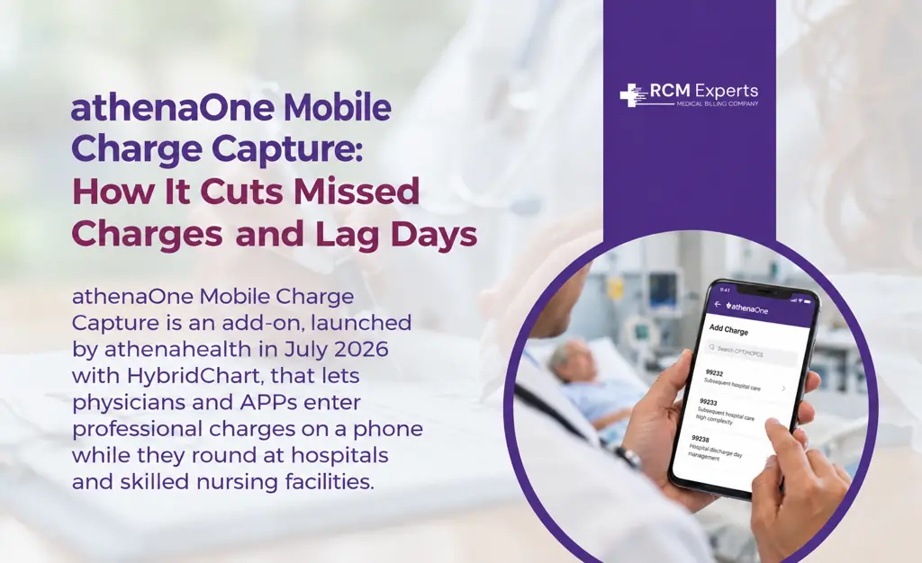 Physician entering a hospital rounding charge on a phone with athenaOne Mobile Charge Capture