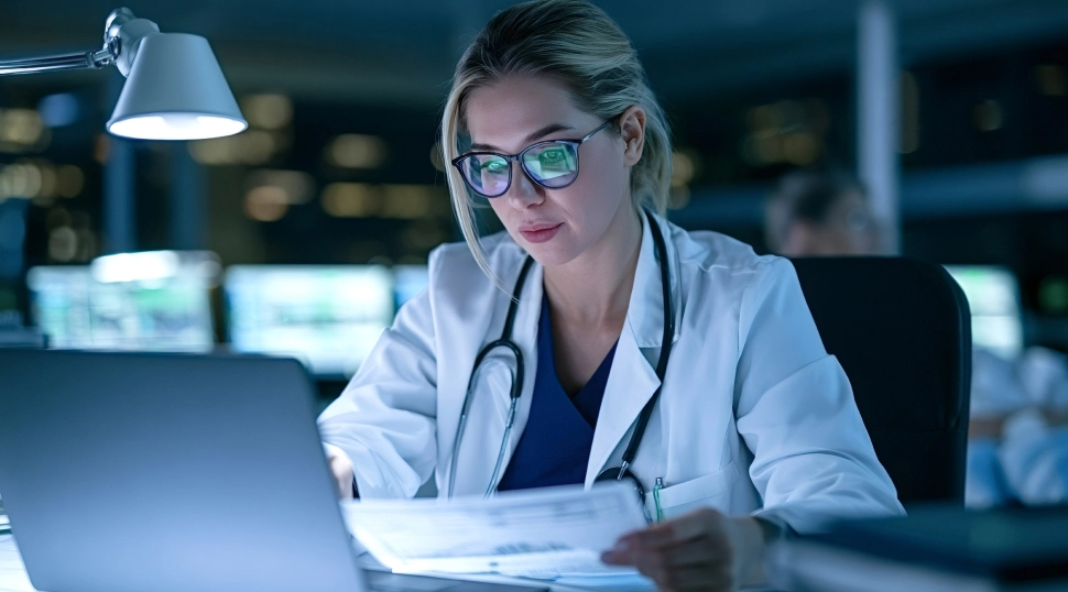 Physician reviewing Epic medical billing claims and reports on a laptop