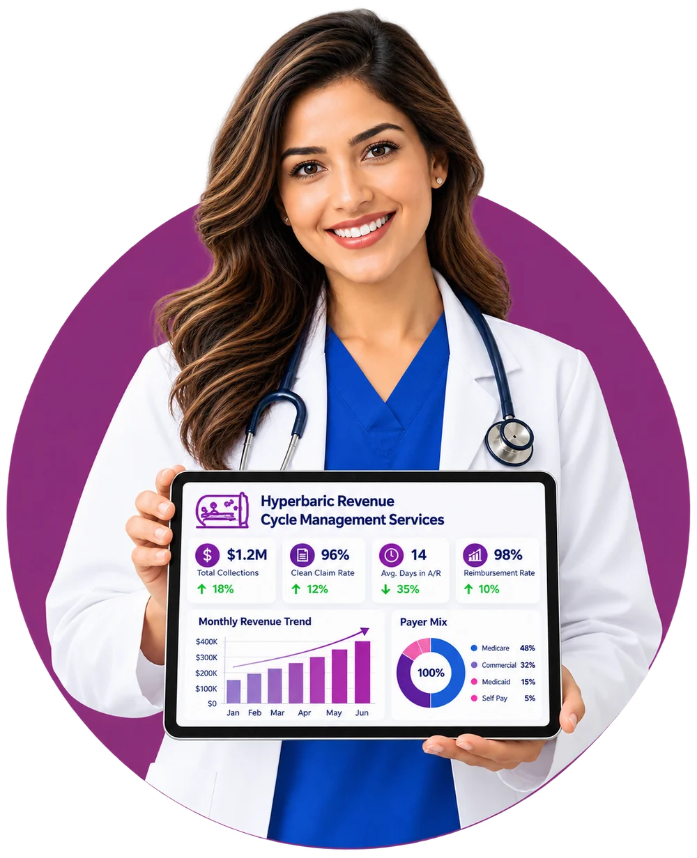 Physician holding a tablet showing a hyperbaric revenue cycle management dashboard with collections, clean claim rate, A/R days and payer mix