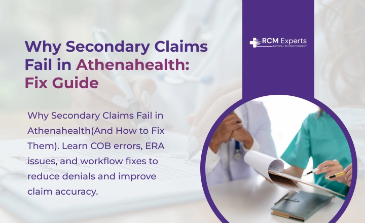 The image portrays the concept that why secondary claims fail in athenahealth